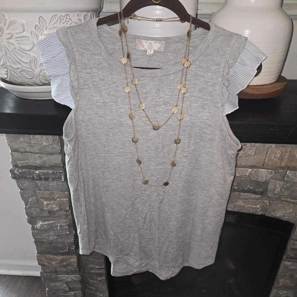 Pink Rose Gray Top with Striped Ruffle Sleeves